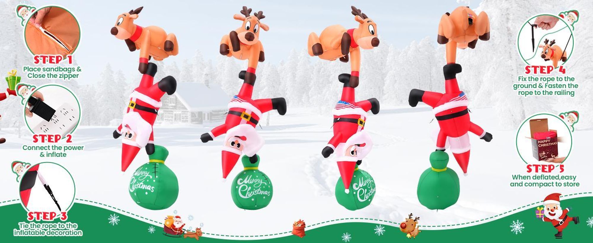 2,5m Hängende Weihnachts-Aufblasbare Rentier & Weihnachtsmann mit LED Deko für Dach Garten Party