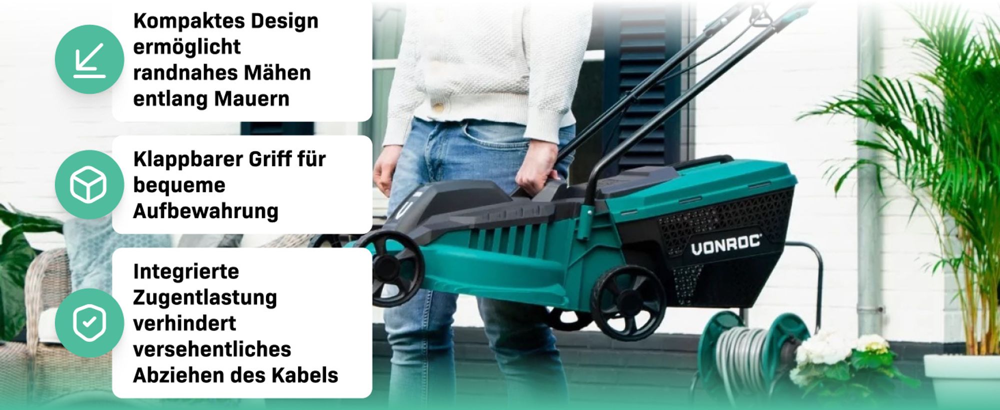 VONROC LM502AC, Rasenmäher mit Radantrieb, 32 cm, 3 cm, 7 cm, 30 l, Bürstenlos