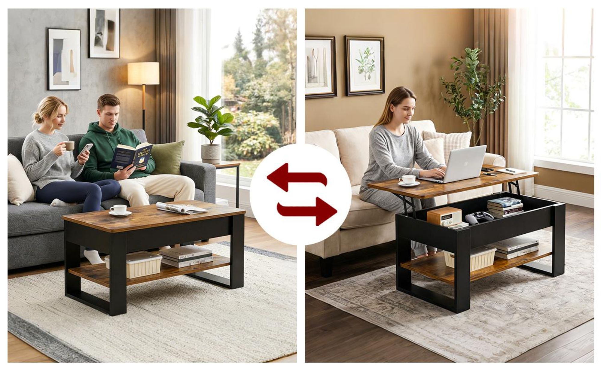 Yorbay Couchtisch Höhenverstellbarer Wohnzimmertisch mit Stauraum,Sofatisch Beistelltisch Schwarz/Retro, Kaffeetisch für Wohnzimmer