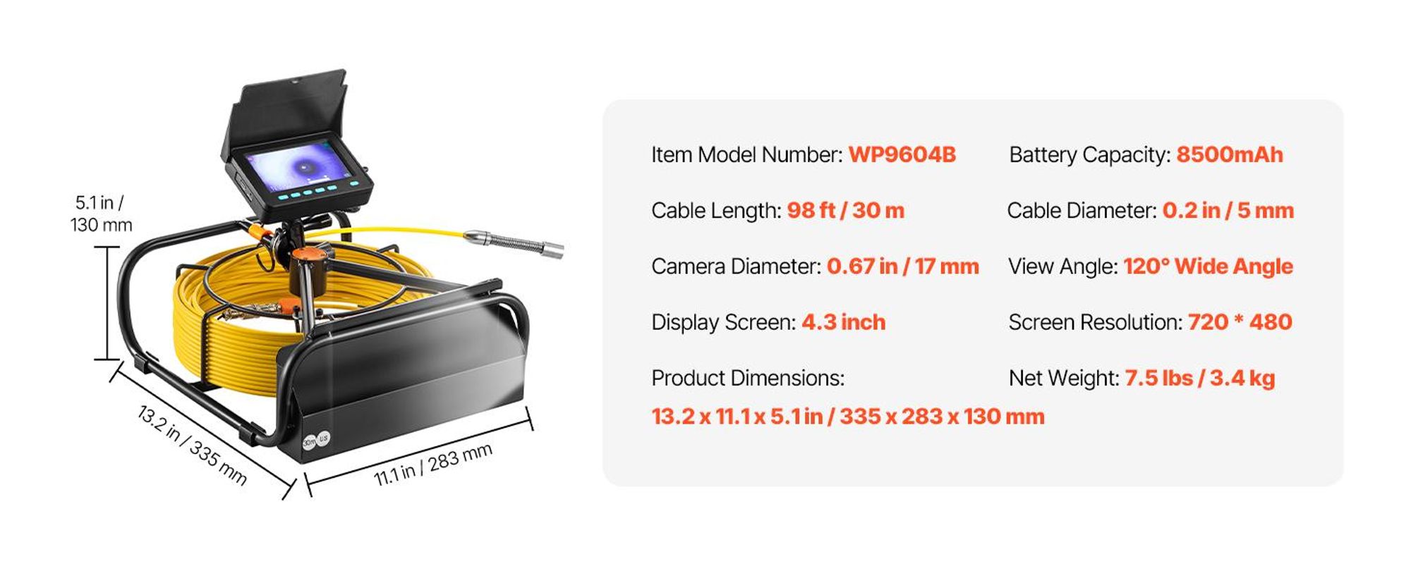 VEVOR Kanalkamera, 98 ft/30 m, 4,3-Zoll-Abflussinspektionskamera mit Beleuchtung – 6 einstellbare LEDs, 16 GB Karte, 3-facher Zoom und 8500 mAh Hochleistungsakku, IP68 wasserdichte Sanitärkamera für Abwasserrohre