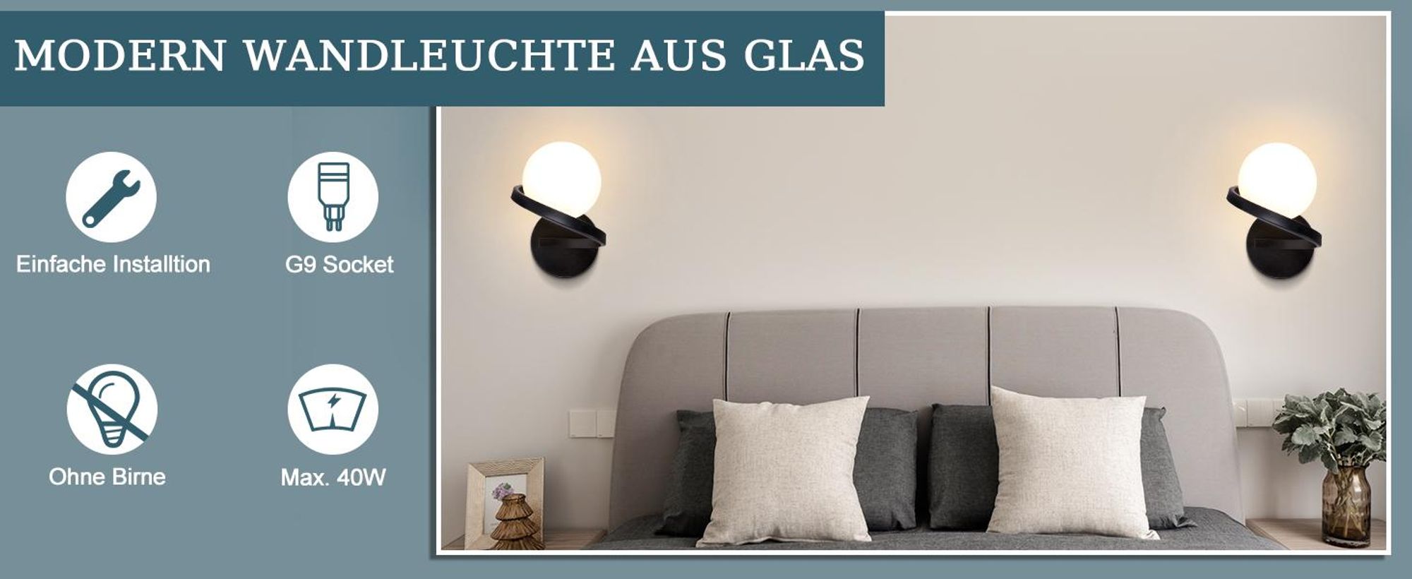 ZMH nástěnná lampa s 1 žárovkou, interiérová nástěnná lampa, kovová noční lampa s G9 žárovkou, s kulatým stínidlem z bílého skla, do obývacího pokoje, chodby, schodiště, dětského pokoje