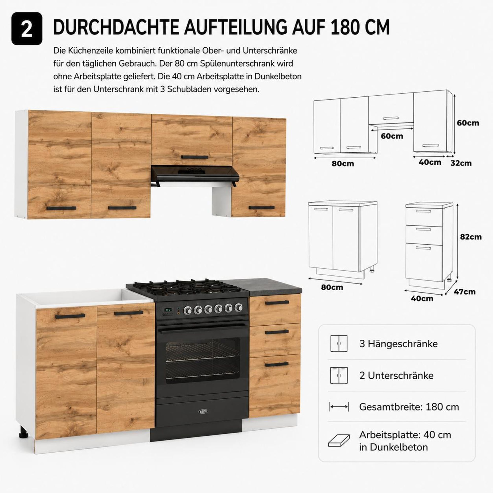 Maßübersicht der 180 cm Küchenzeile mit Ober-, Spülen- und Schubladenschränken.
