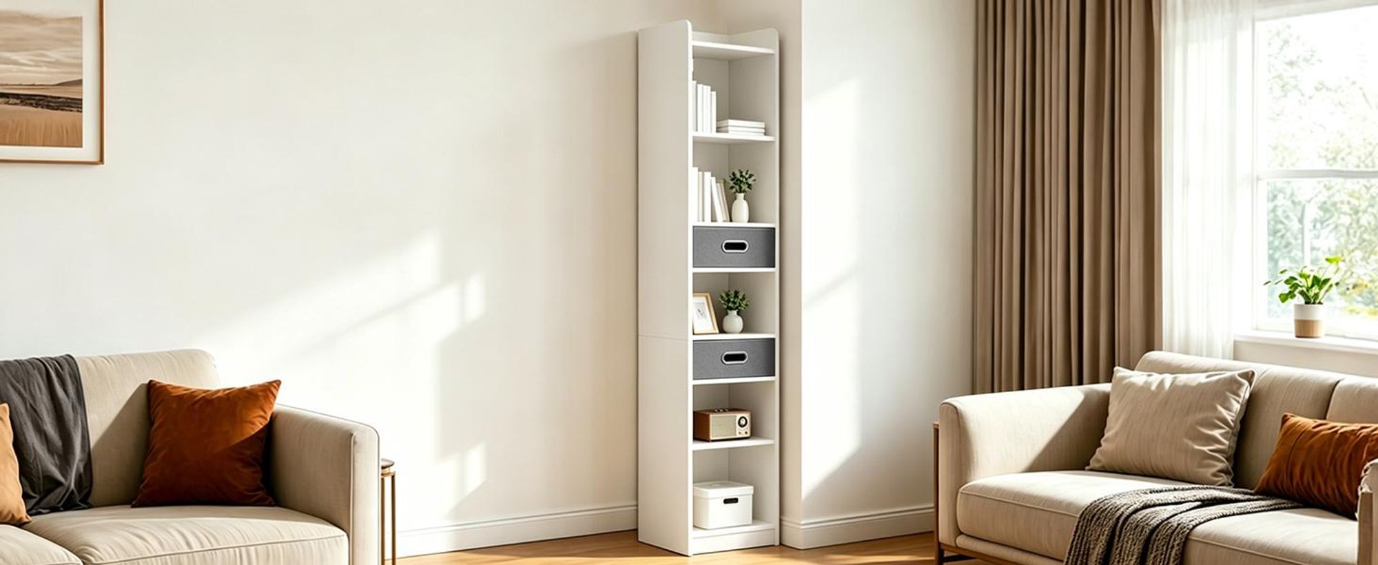 Bücherregal Eckregal Standregal, mit 5 Ebenen und 2 Stoffschubladen, Büroregal, 30 × 24 × 180 cm, Weiß