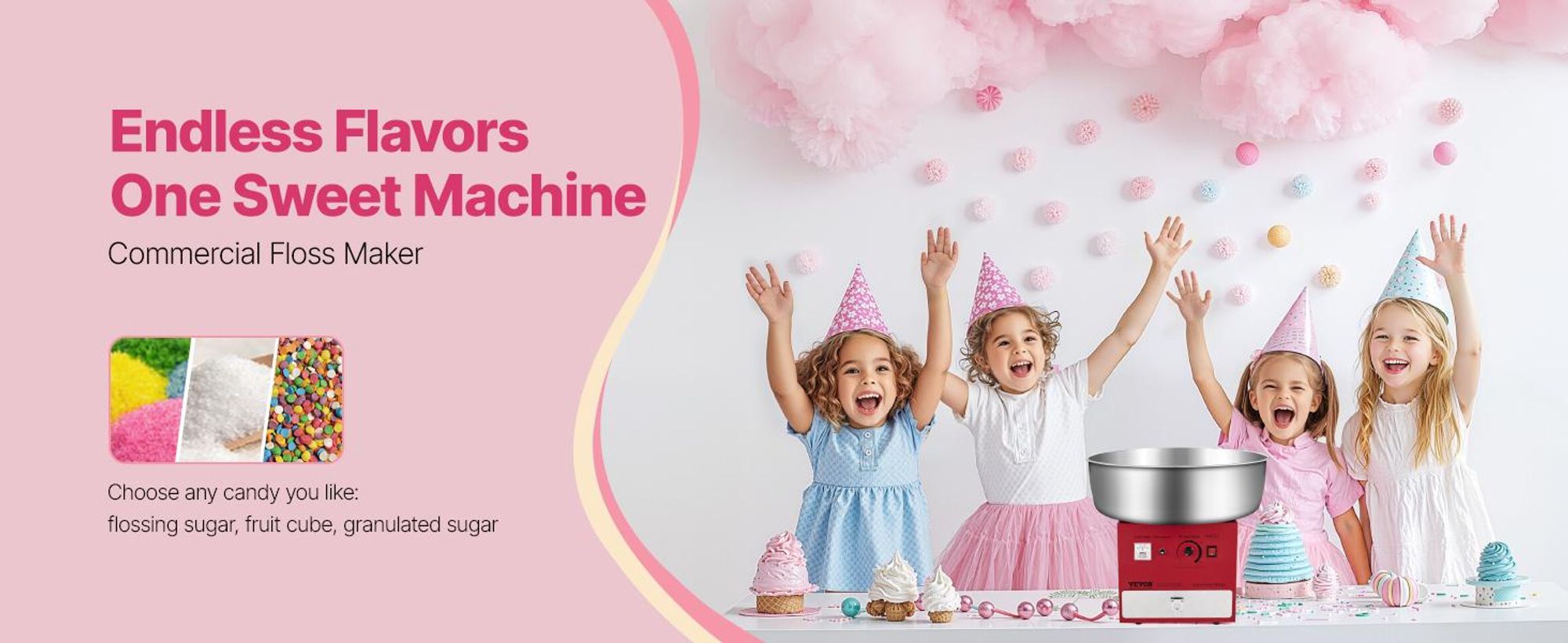 VEVOR Gewerbliche Zuckerwatte Maschine Zuckerguss Maker 1000W für Party Rosa, N-d, Gerade Oberfläche-c