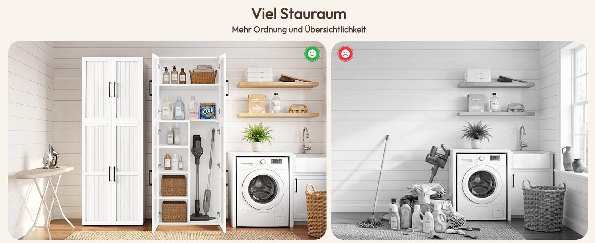 Yaheetech 175,5 cm H Mehrzweckschrank 37,5 cm tiefer Besenschrank für Staubsauger, Vorratsschrank Aufbewahrungsschrank mit 4 Türen, Weiß
