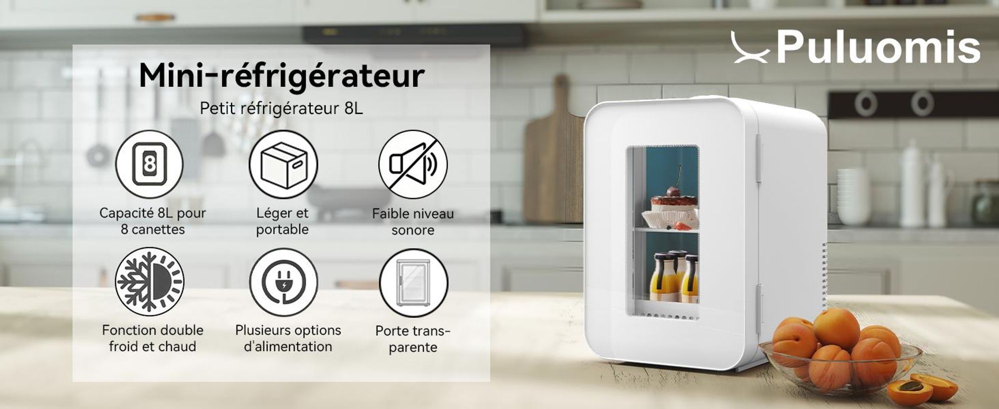 Réfrigérateur portable Puluomis de 8 litres, avec fonction de refroidissement et de chauffage, de 5°C à 60°C, fenêtre transparente, compatible 220-240V/12V, fonctionnement silencieux (≤30dB), idéal pour les cosmétiques et les boissons