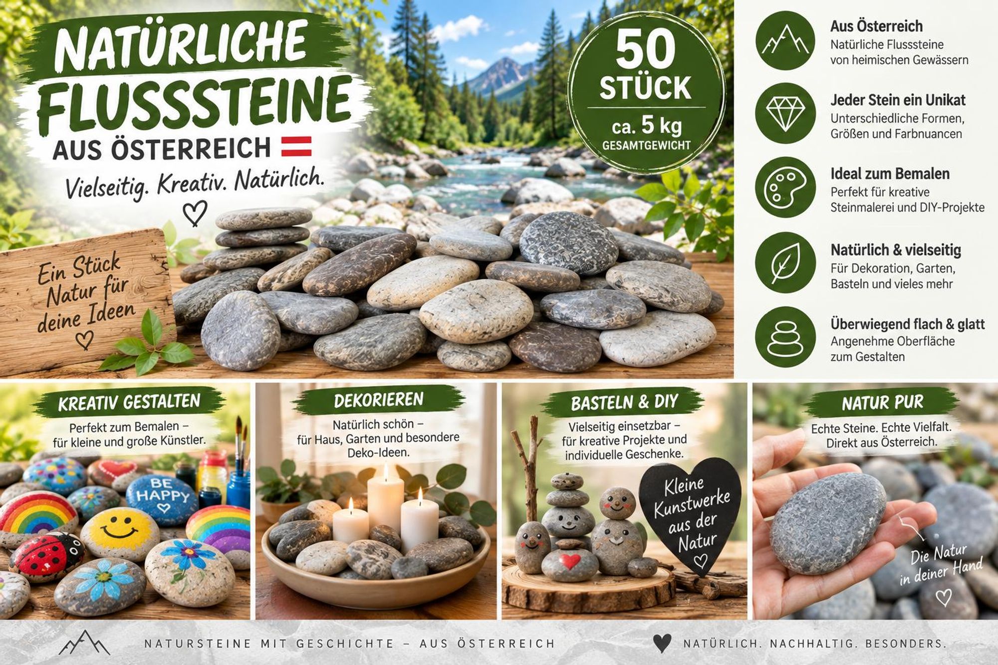 Natürliche Flusssteine aus Österreich, 50 Stück, ca. 5 kg, zum Bemalen, Basteln und Dekorieren