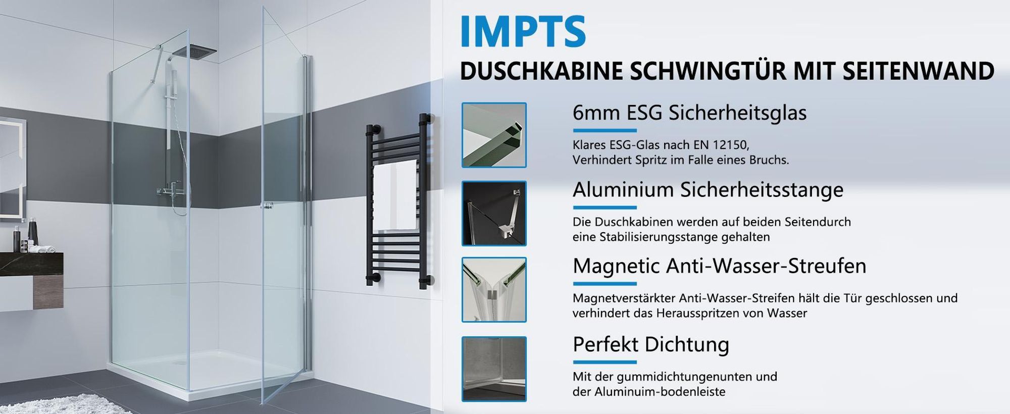 IMPTS 80 x 70 cm Duschkabine Duschabtrennung Glas Duschtür mit fester Glaswand, Drehtür Eckeinstieg Dusche 6mm Sicherheitsglas Höhe 185 cm