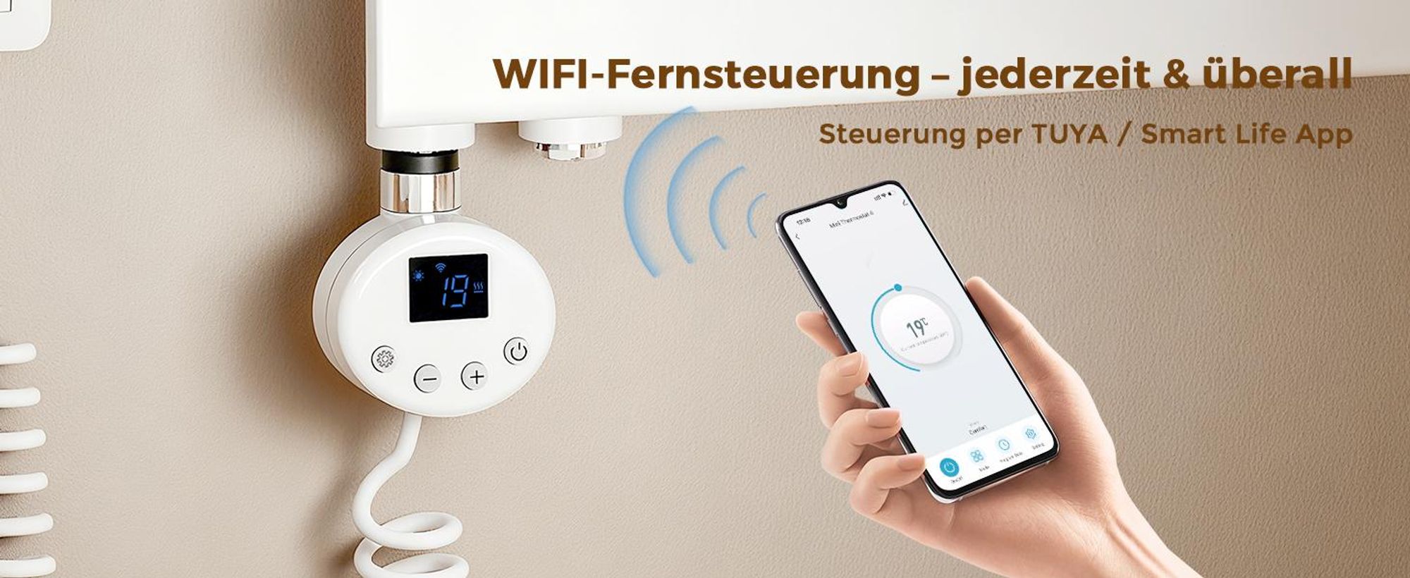 S’AFIELINA Heizstab mit Thermostat 300W, programmierbarer Timer & LCD-Anzeige, WiFi, für Badheizkörper, Edelstahl, intelligente Steuerung, Weiß