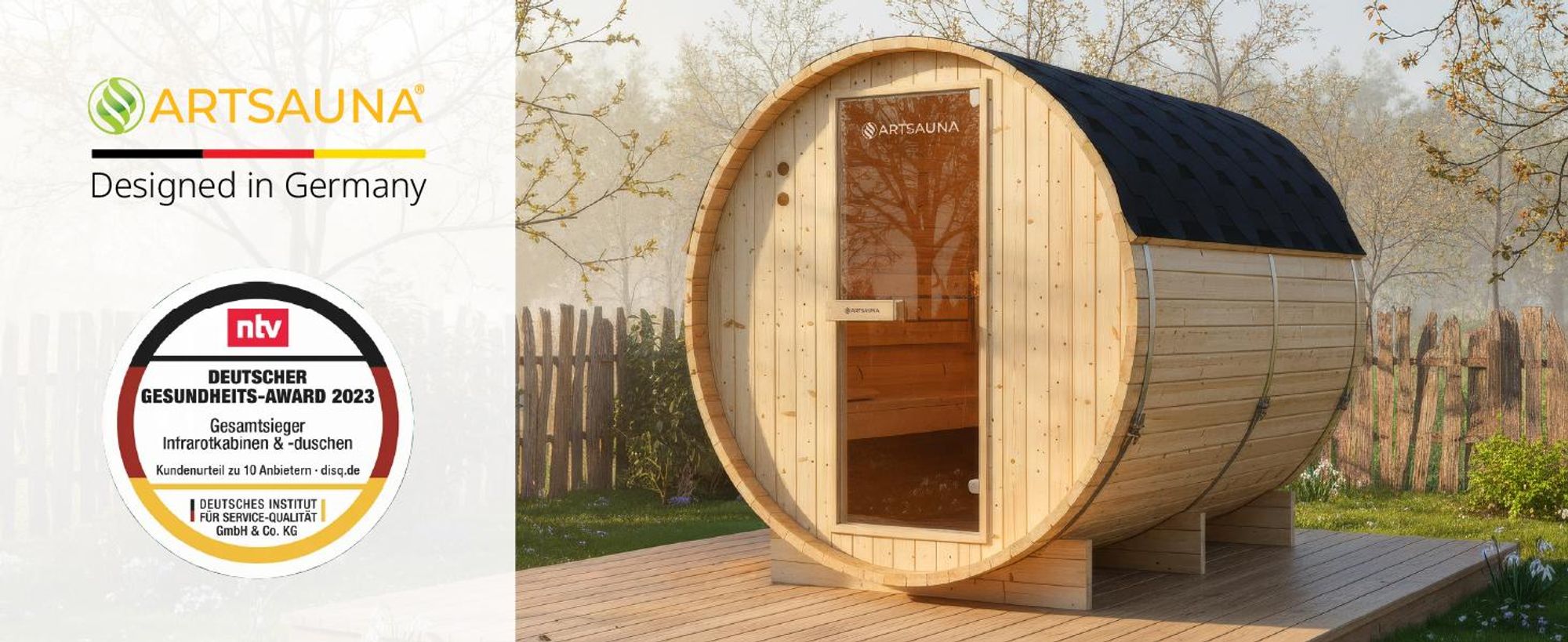 Artsauna Outdoor Fasssauna Spitzbergen 220 für 6 Personen - 8 kW Ofen & Zubehör