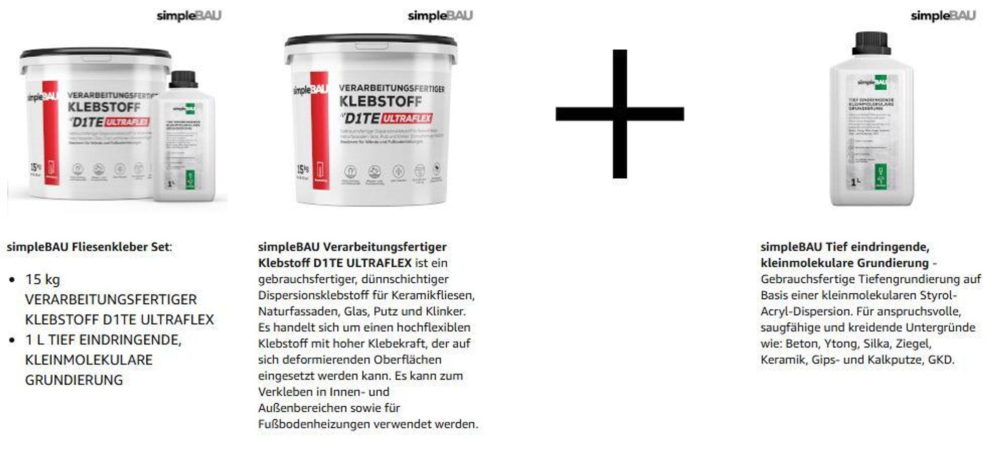 SimpleBau Fertigfliesenkleber 15KG Universal Kleber für Gipskartonplatten +1L Grundierung. Osb,Kleber für schwierige Untergründe Kleber
