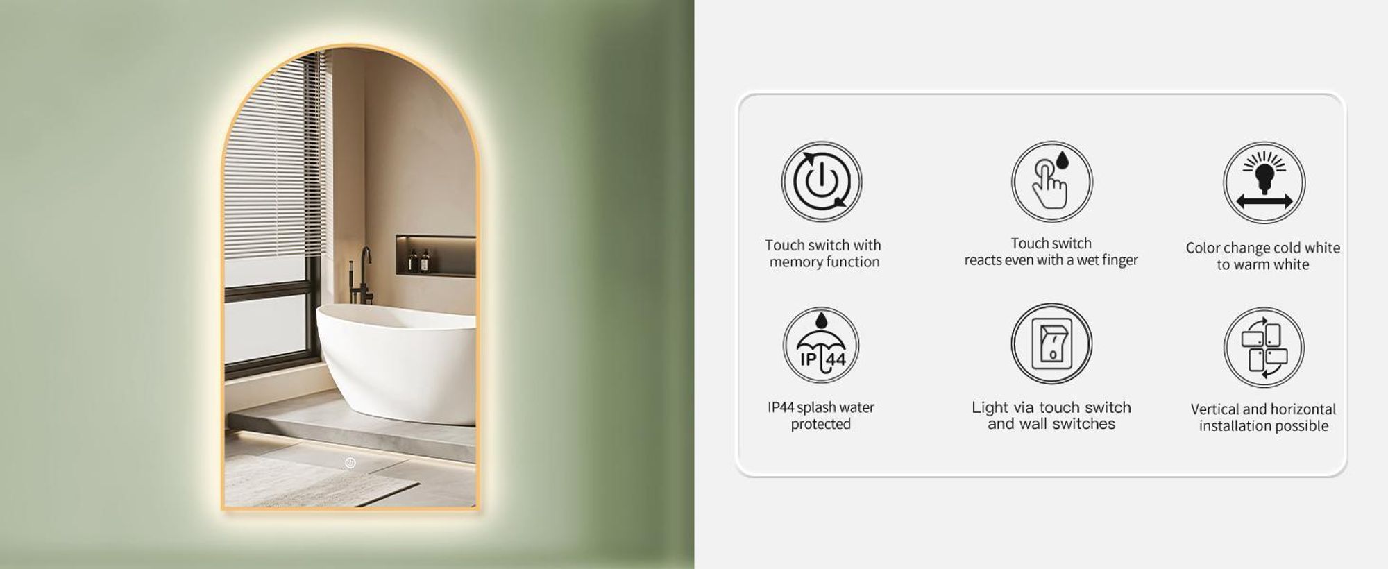 HOKO Miroir de salle de bain arc LED 60x100 cm avec cadre métallique, montage HAUT+QUI, miroir lumineux Arch+interrupteur tactile+lumière changeant 2700-6500K, blanc chaud-froid