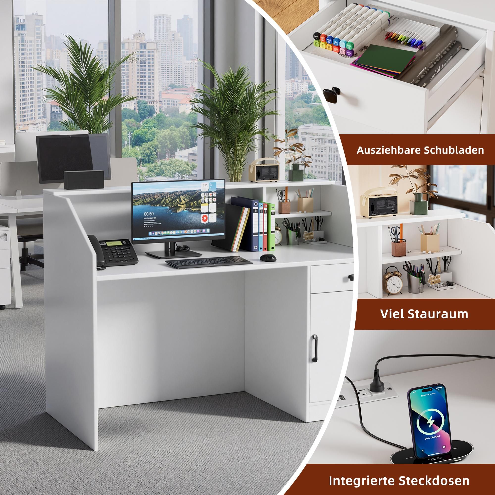 TWSOUL Empfangstheke mit LED-Beleuchtung,Rezeptionstresen mit Schublade & Stauraum Holz-Theke mit Ladestation, modern, 140 × 60 × 110 cm