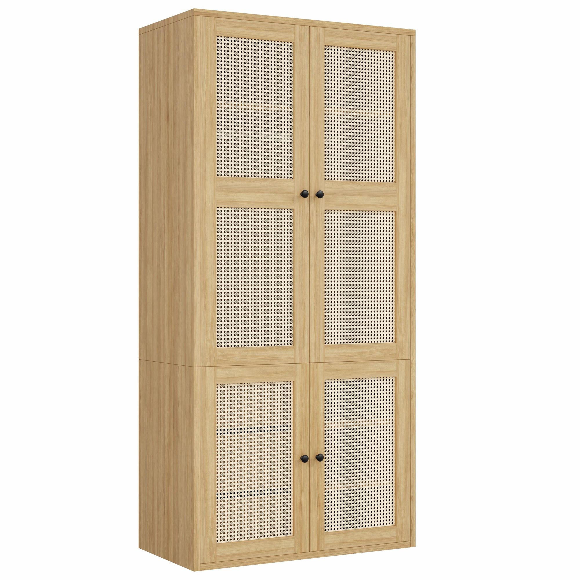 Flieks Kleiderschrank mit Rattan-Geflecht, Garderobe mit Kleiderstange und Schubladen, Hochschrank mit Staufächern, 90 x 47 x 200 cm, Natur, MDF