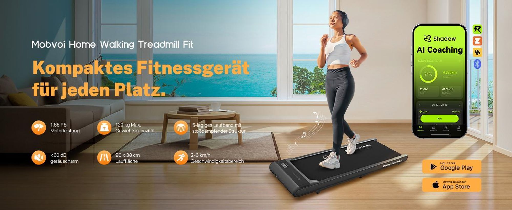 Mobvoi Walking Pad Smart KI Untertisch-Laufband, tragbares 2-in-1 Laufband für Zuhause & Büro, Gehen & Joggen, TicSports Zwift Kinomap, 120kg 6km/h