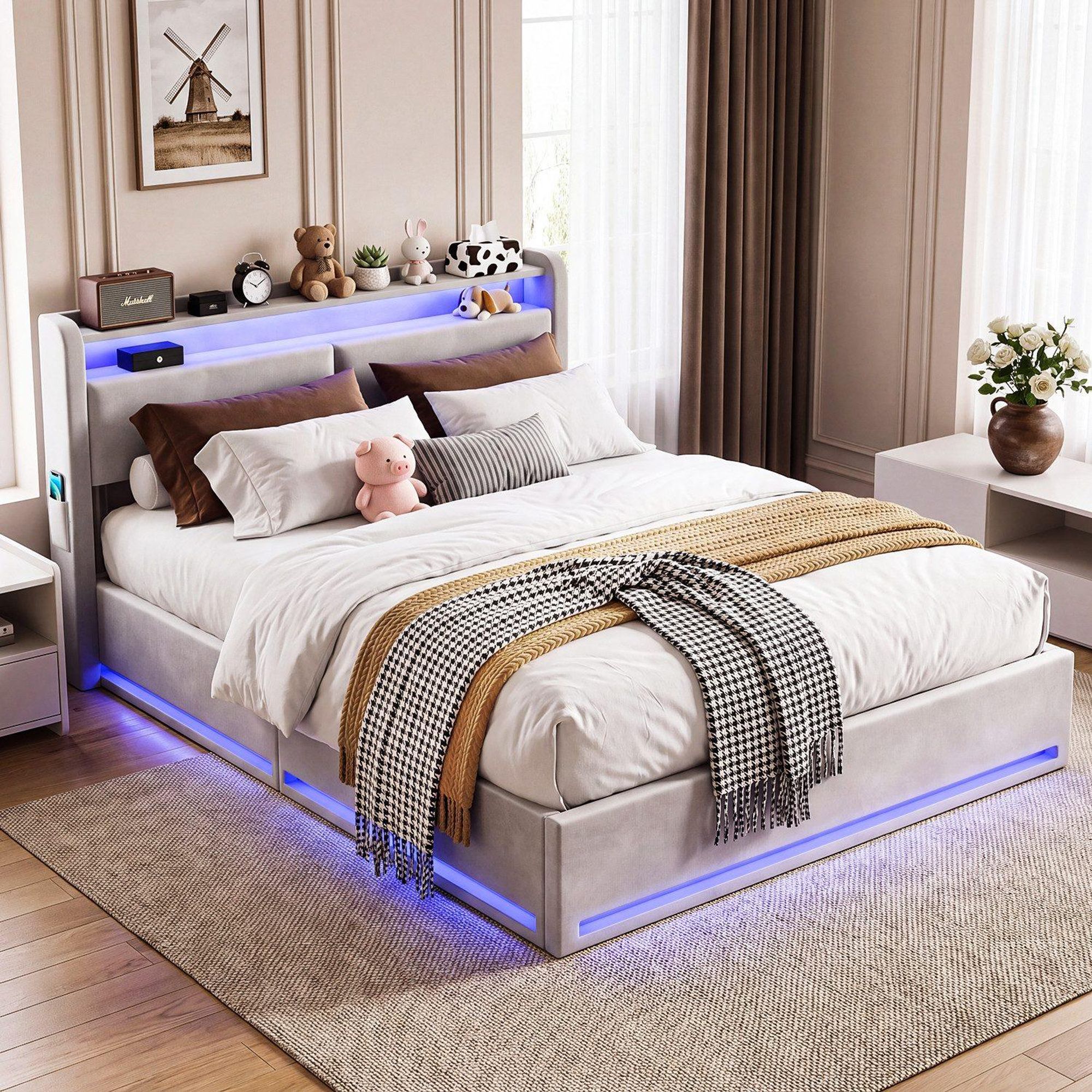 OYAJIA Polsterbett LED Doppelbett 140x200cm, Stauraumbett mit Kopfteil, Samt mit Komforthöhe, Leises Design Bett , Stauraumbett mit Hydraulische
