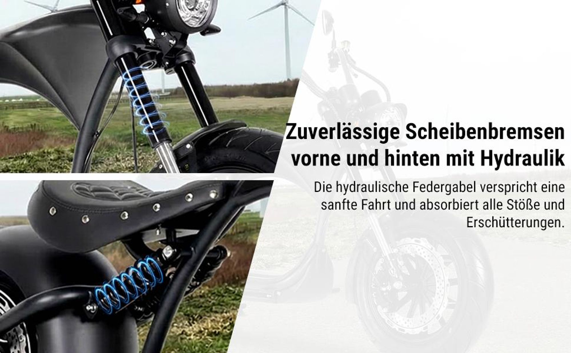 M1P E-Chopper Elektro-Kleinkraftrad 45 km/h, 2000W, 60V 30Ah Lithium-Akku, 80 km Reichweite, Hydraulikbremsen, Federung, abnehmbarer Akku, 200 kg