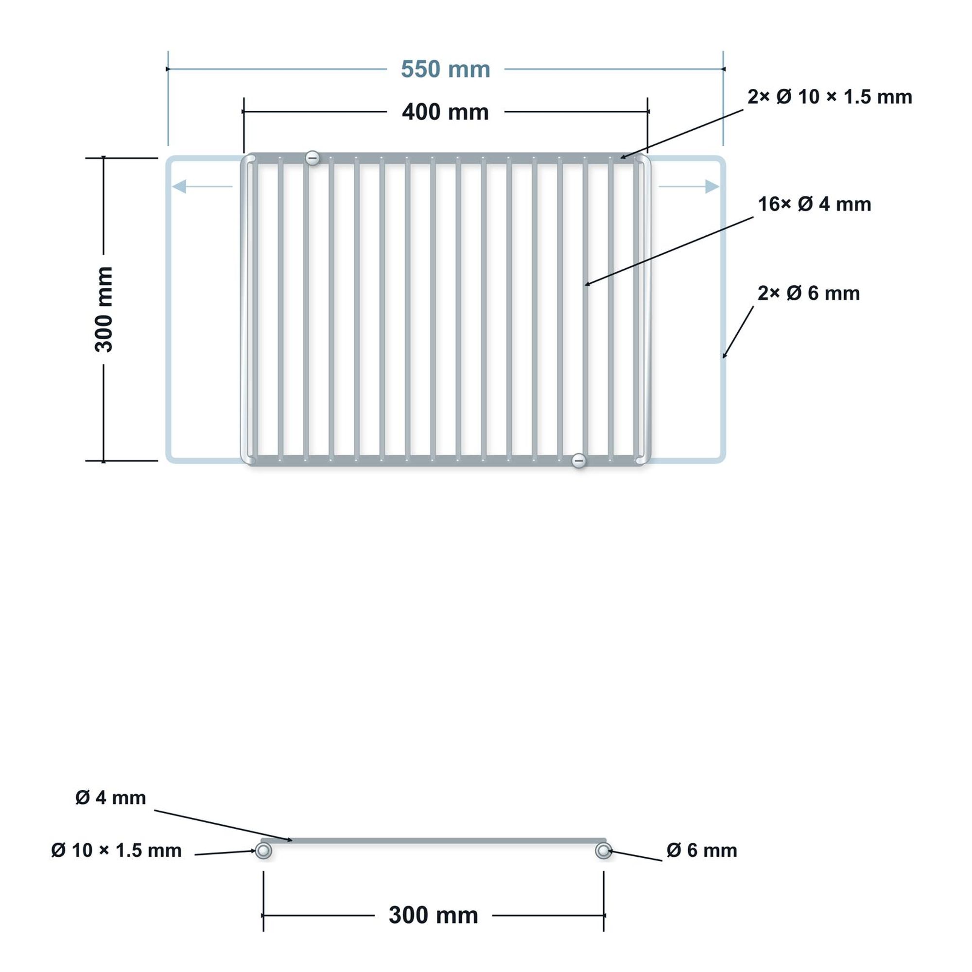 DEOS Verstellbarer Grillrost aus Edelstahl 40–55 × 30 cm ohne Holzgriffe – technische Zeichnung