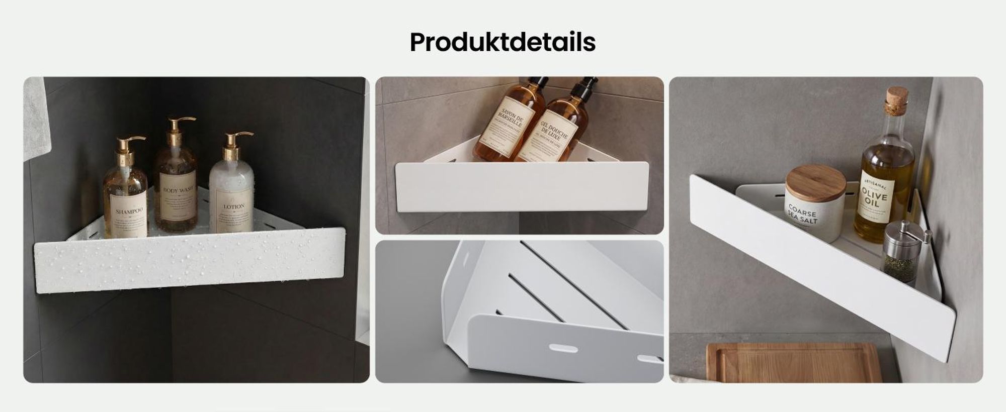 Mai & Mai Duschablage zum Bohren oder Kleben, Duschregal Badablage Ecke, Badezimmerablage zur Wandmontage für Bad und Küche, Sandweiß Reglo-07