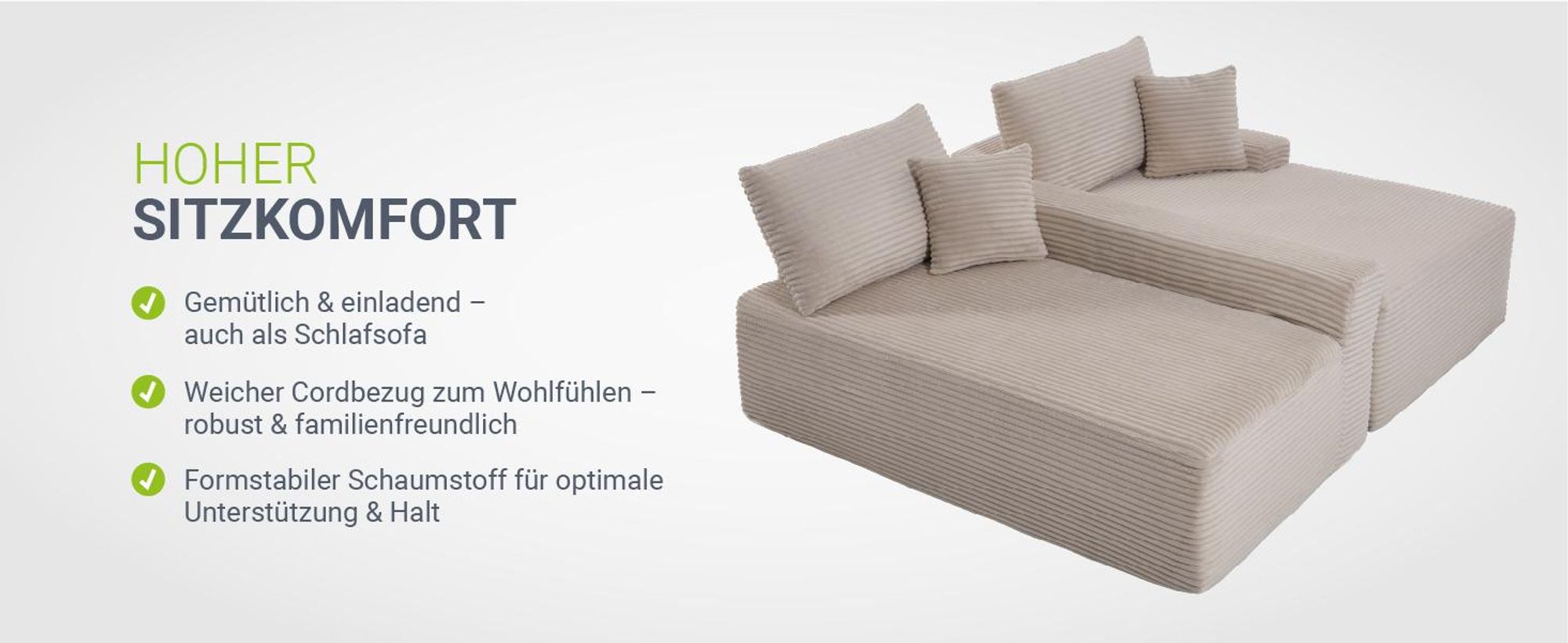 Juskys Sofa Coredo - Taupe, moderne Couch aus Cord mit Kissen, Ottomane rechts