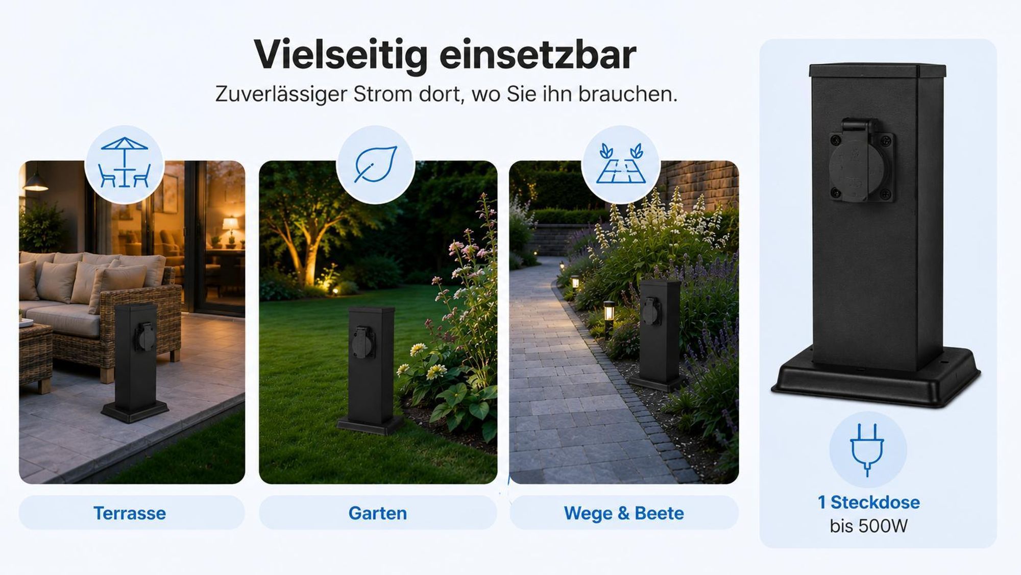 MasterLED Gartensteckdose Schwarz 20 cm Aluminium Steckdosensäule mit Steckdose für Garten Terrasse und Außenbereich