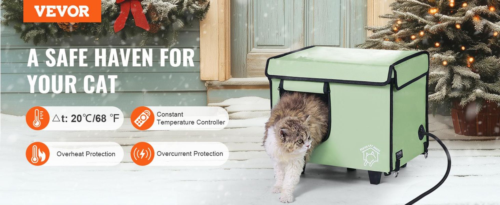 VEVOR Erhöhtes Beheiztes Katzenhaus, Kubisches Kätzchenunterkunft mit Einstellbarer Temperatur und Timer, 900D Oxford-Stoff Faltbare Katzenunterkunft mit Heizkissen für den Winter, um Warm und Gemütlich zu bleiben, Grün (Mittel), Kleine Größe