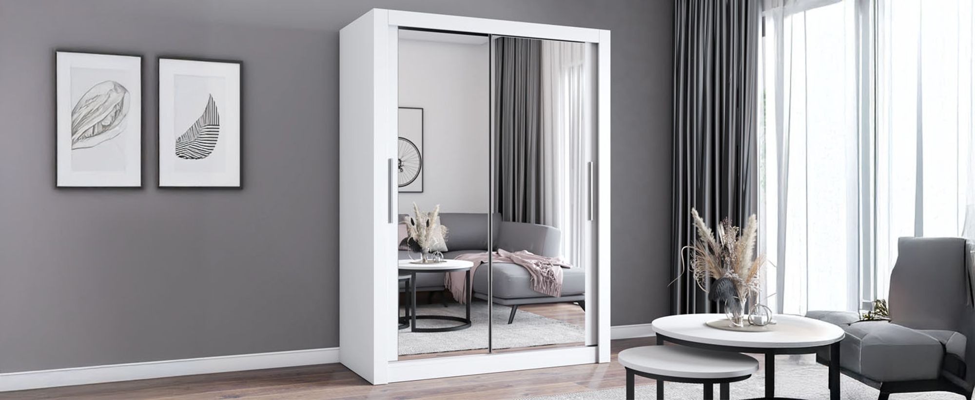Schwebetürenschrank Kleiderschrank Schrank 180cm Weiß/Weiß mit zwei Spiegeln MILAN