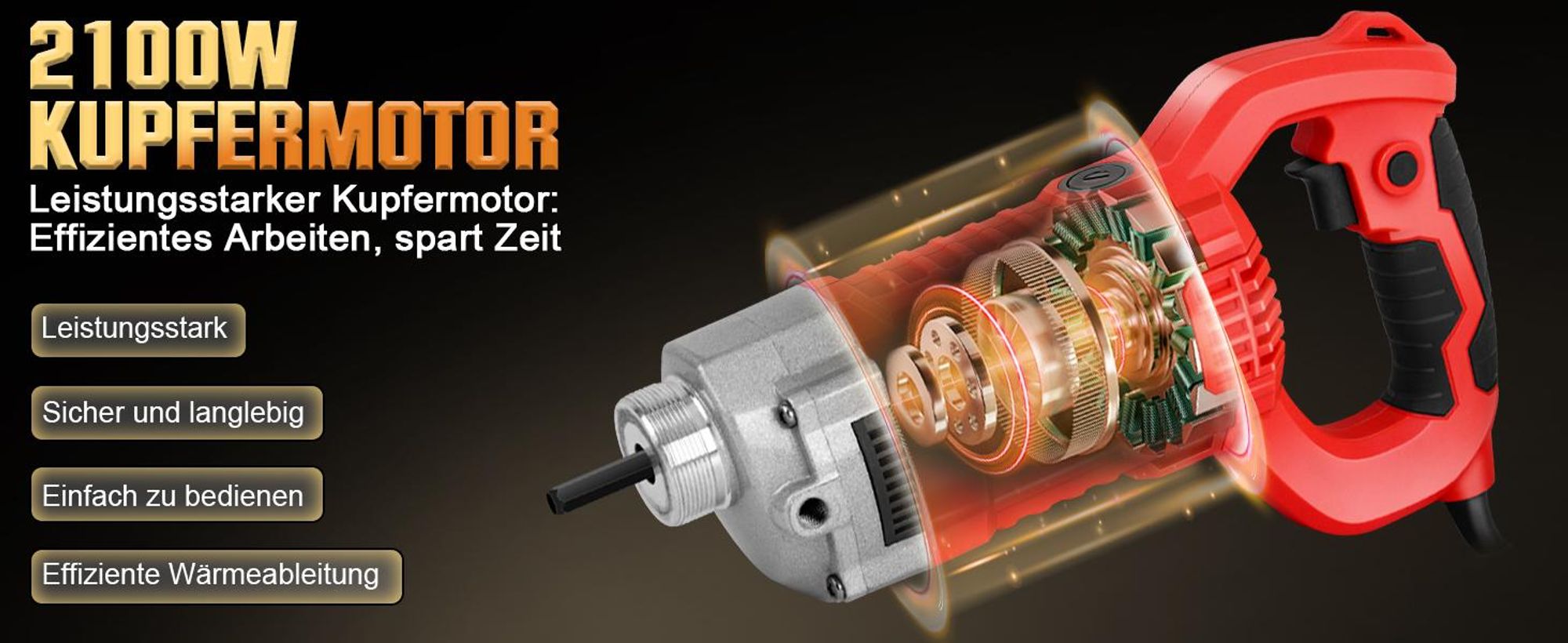 Betonrüttler 2100W mit 2m SCHLAUCHLÄNGE, Elektro Betonverdichter, 38 mm Betonrüttler Flaschenrüttler, Rührwellendrehzahl 6800 U/min