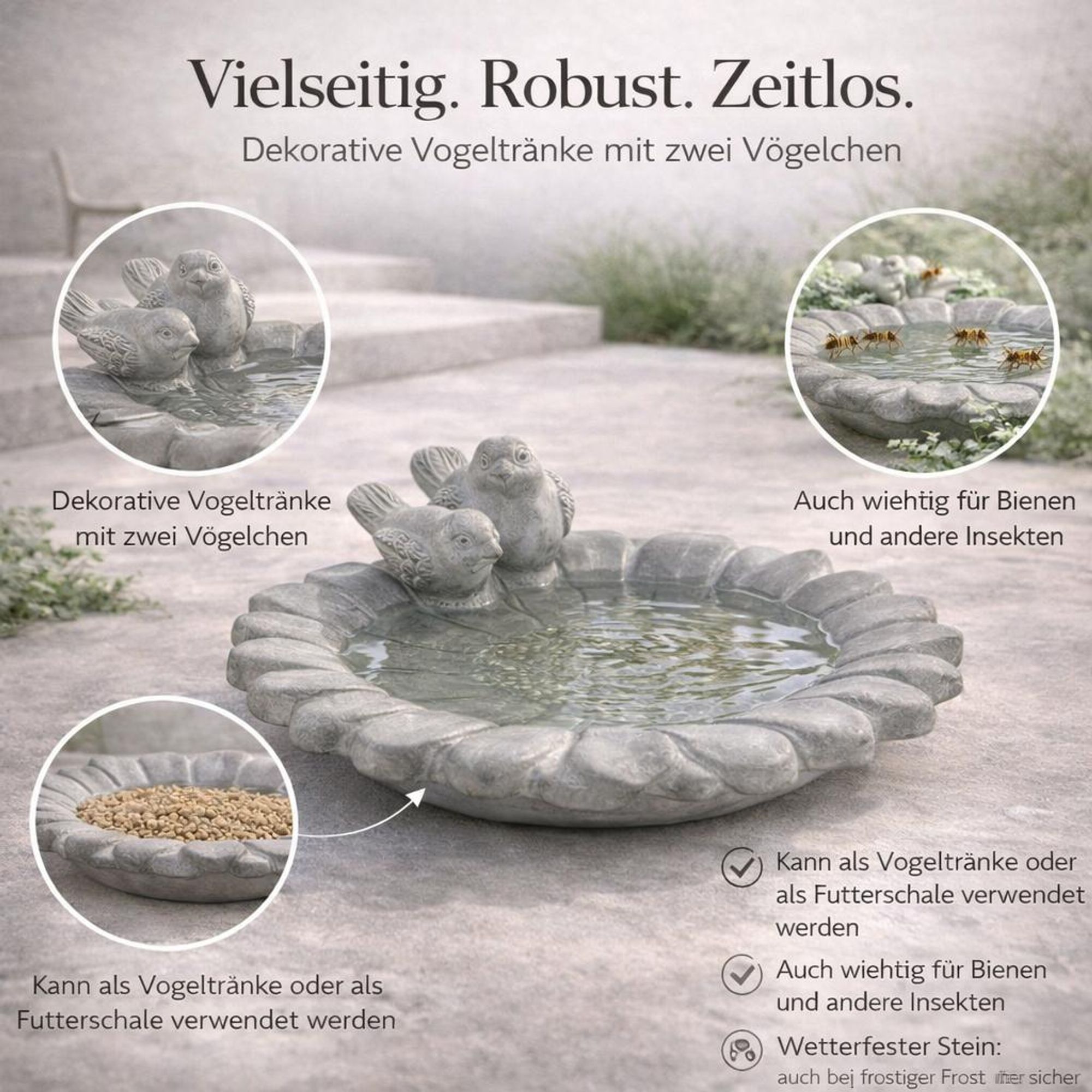 2er Set Vogeltränke „Sonnenblume“ aus Zement – Vogelbad & Futterschale mit Deko-Vögeln – wetterfest für Garten, Balkon & Terrasse – Ø 25,5 cm, grau