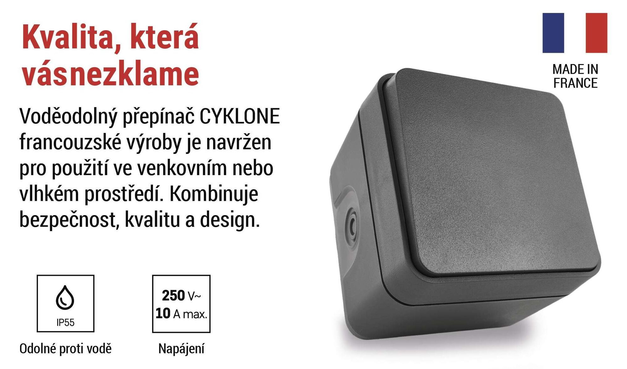 EMOS Cyklone, venkovní nástěnný spínač/vypínač vodotěsný IP55, vnitřní / venkovní / vlhký prostor, povrchová montáž, šedá / antracitová, D730422