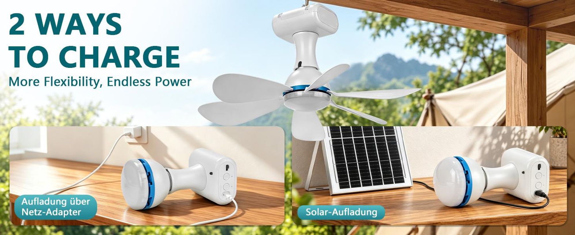 Solar Deckenventilator mit Beleuchtung, 13W Solarpanel & 6000mAh Akku, 3 Stufen Camping Ventilator mit Timer FB für Outdoor, Pavillon, Gewächshäuser