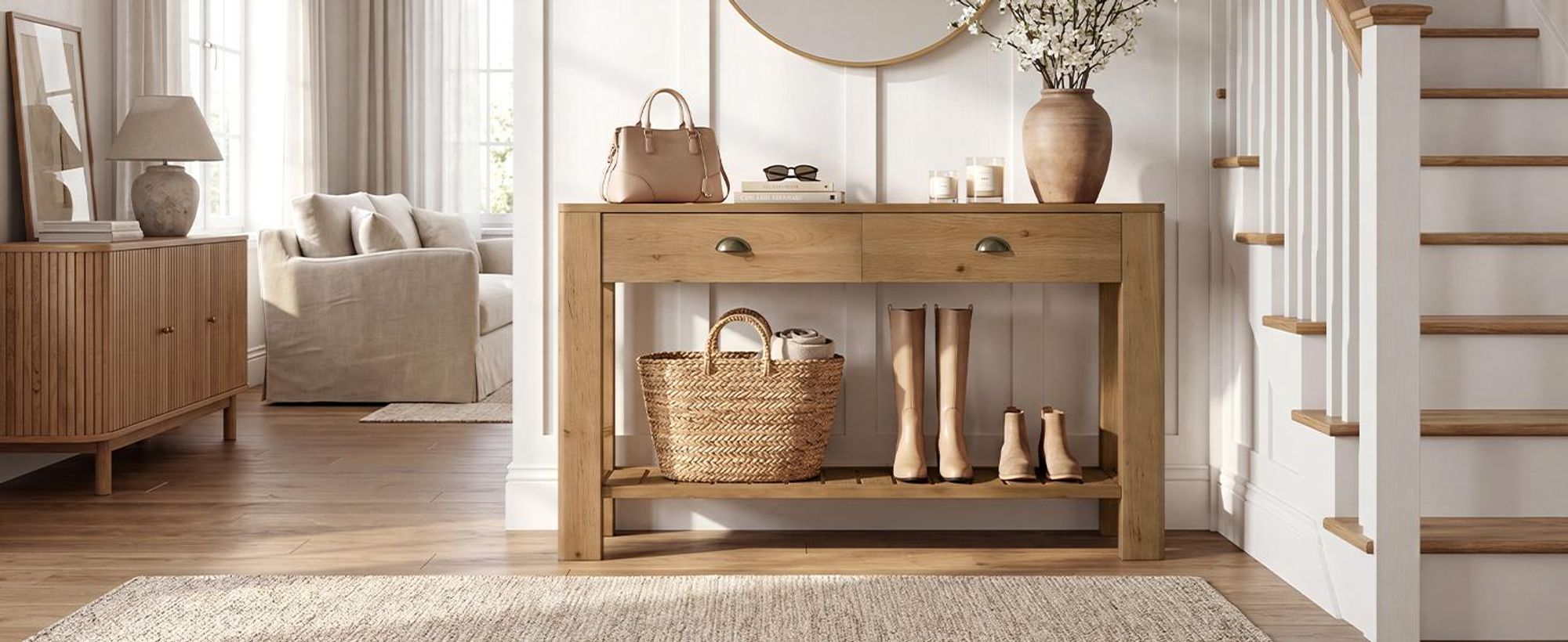 Konsolentisch aus Massivholz mit 2 Schubladen, 140 cm langer Flurtisch im Landhausstil mit offenem Ablagefach für Wohnzimmer und Flur
