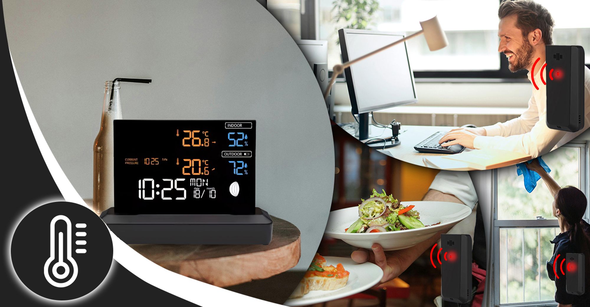 Funk-Wetterstation mit Wecker und Farbdisplay, Außensensor Schimmelwarner Hygrometer Barometer Datumsanzeige Mondphase Frostalarm Schwarz Retoo
