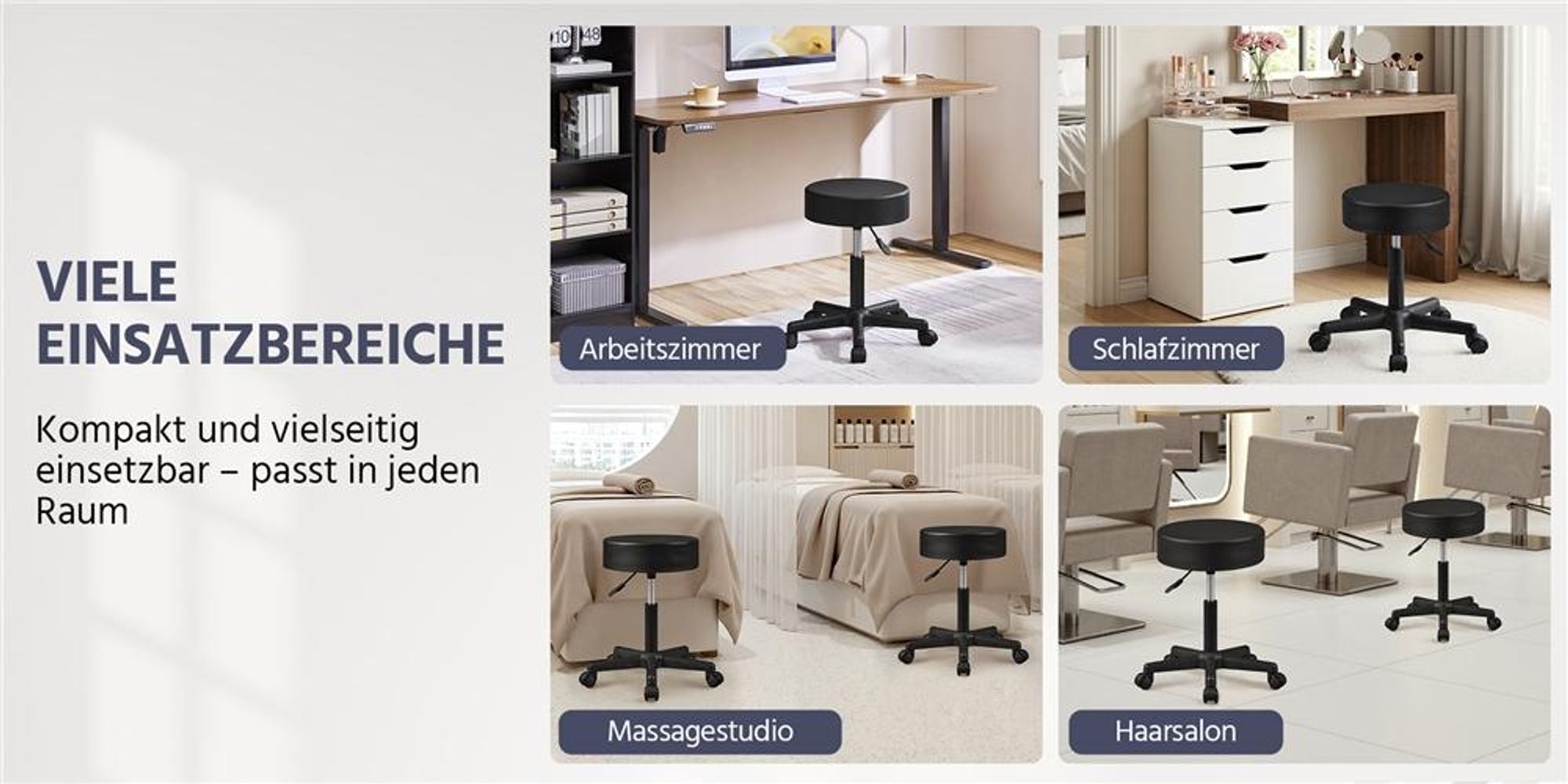 Yaheetech Rollhocker Drehhocker, höhenverstellbarer Arbeitshocker, Drehstuhl mit Rollen, Praxishocker Kosmetikhocker, bis 150 kg, Schwarz