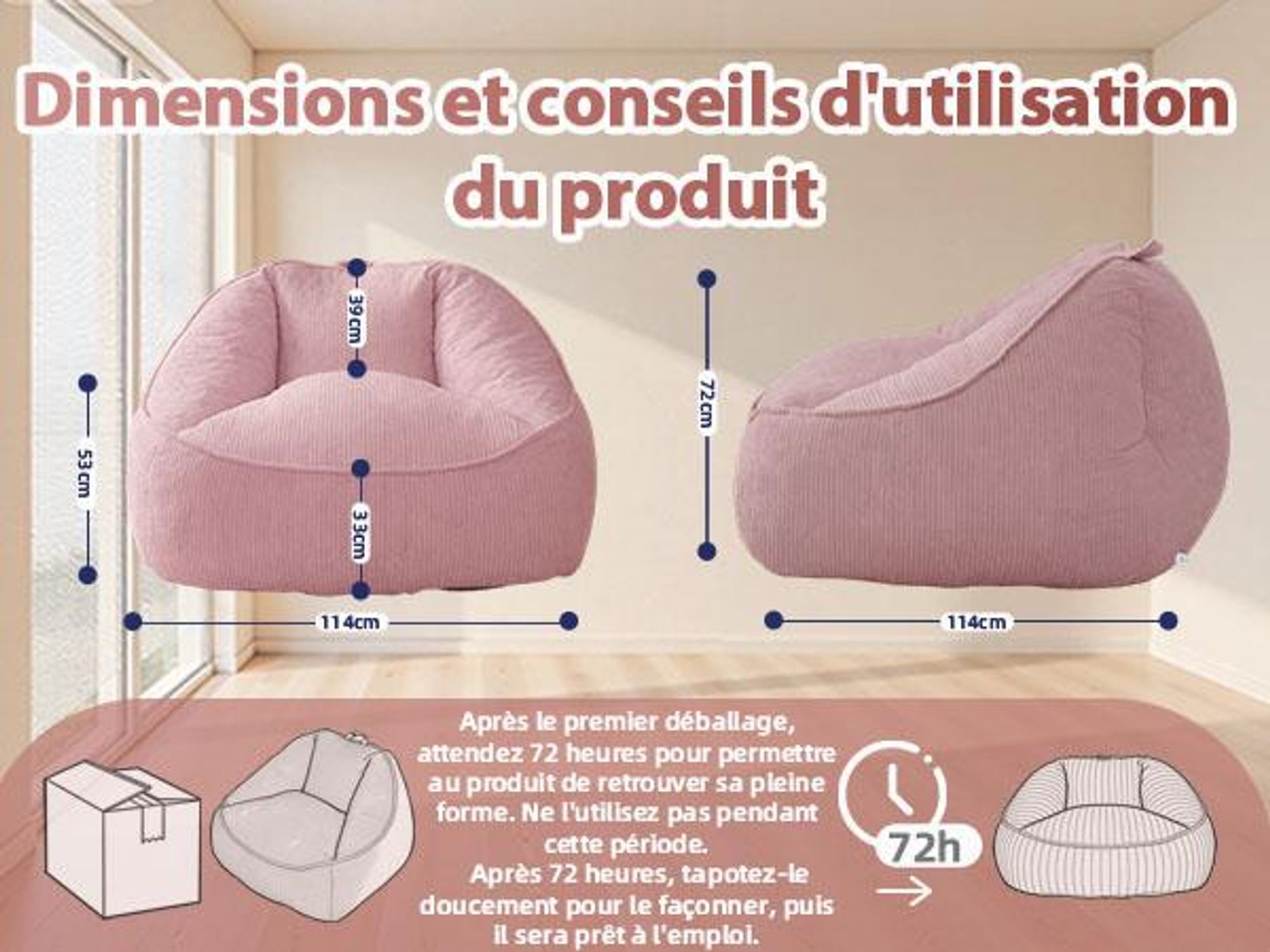 Pouf géant adulte, rembourrage en mousse, canapé de sol moelleux, forme poire, rose