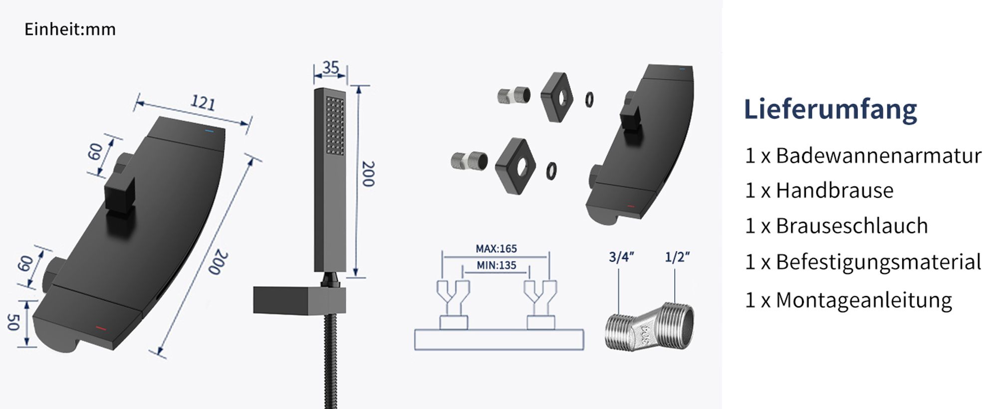 Homelody Wasserfall Badewannenarmatur mit Regal,Wannenarmatur mit Handbrause,Badewanne Armatur Duscharmatur für Bad, Schwarz matt,Komplett Duschset
