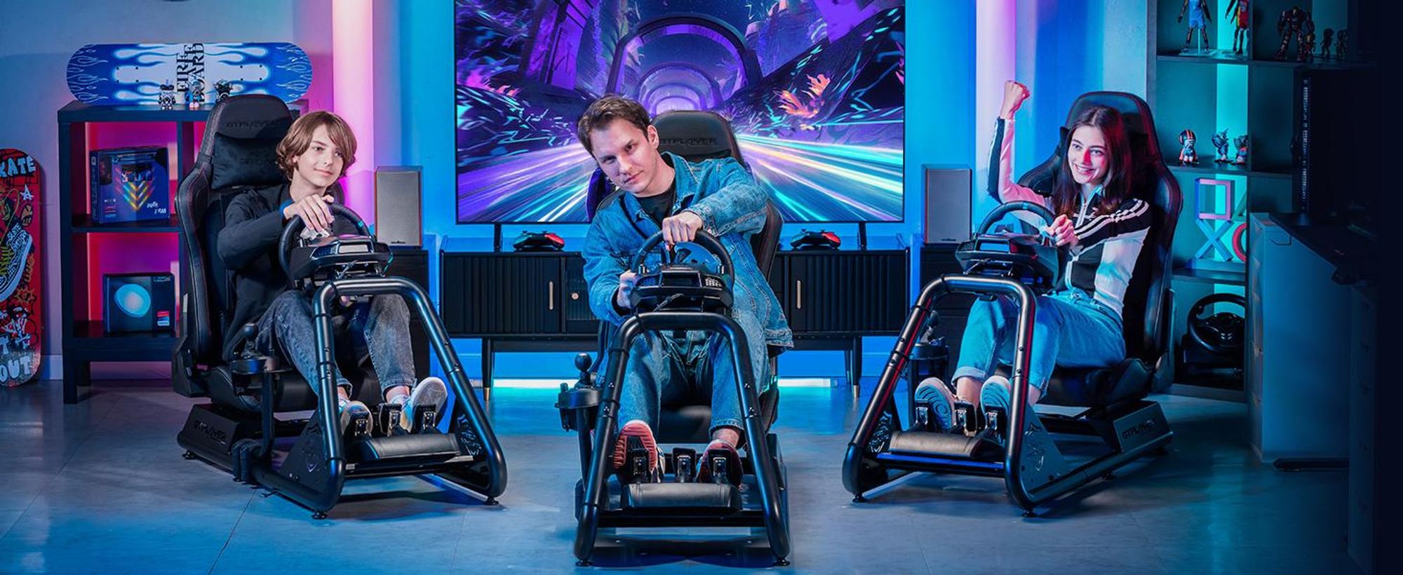 GTPLAYER racecockpit simulator, racecockpit SIM, standaard voor stuurwiel van race-simulator. Standaard voor race-stuurwiel en gamingstoel met Bluetooth-luidspreker