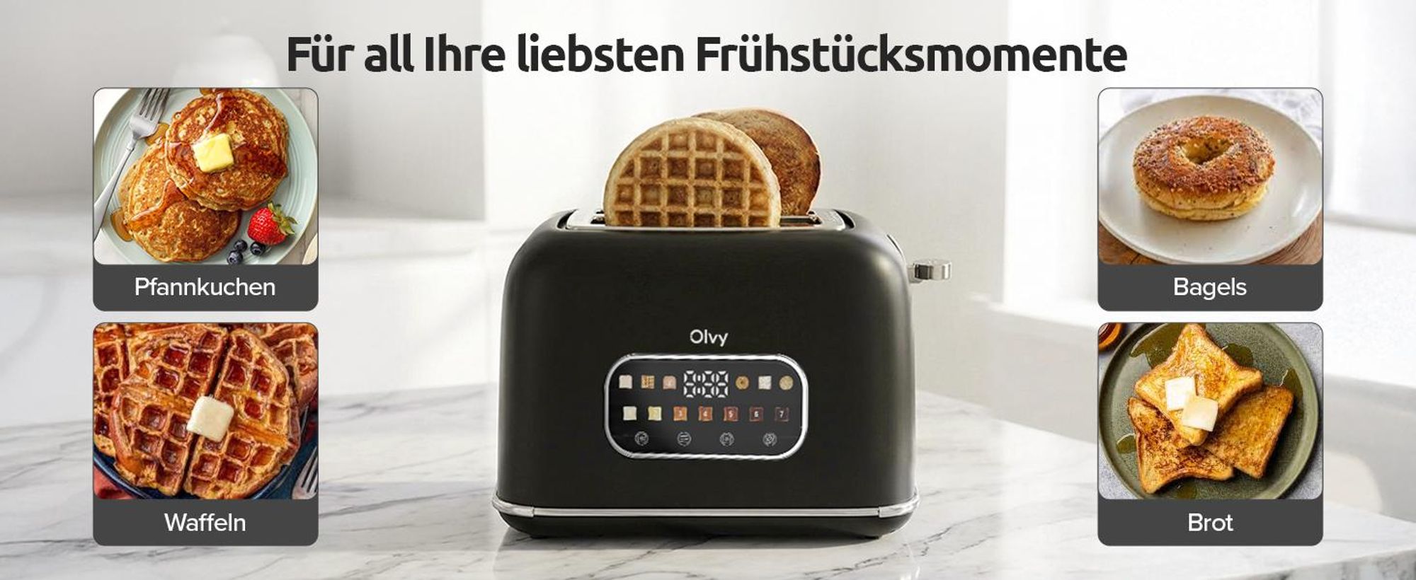 Olvy Toaster, Touchscreen mit Timer, 7 Bräunungsstufen, Extra Breite Schlitze, 6 Programme inkl. Bagel & Waffel, Auftau- & Aufwärmfunktion, Schwarz