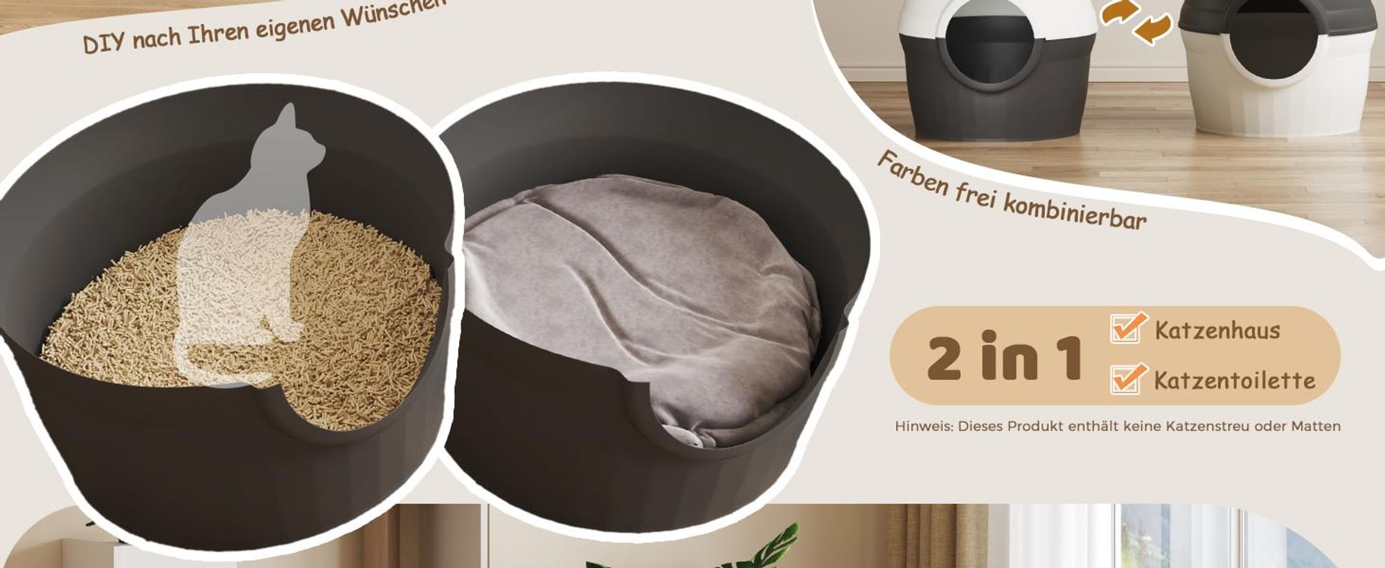 Mondeer 2-in-1 Katzentoilette & Schlafhöhle mit Deko-Pflanze, individuell gestaltbar, belüftet – inkl. Katzenangel und Schaufel Schwarz