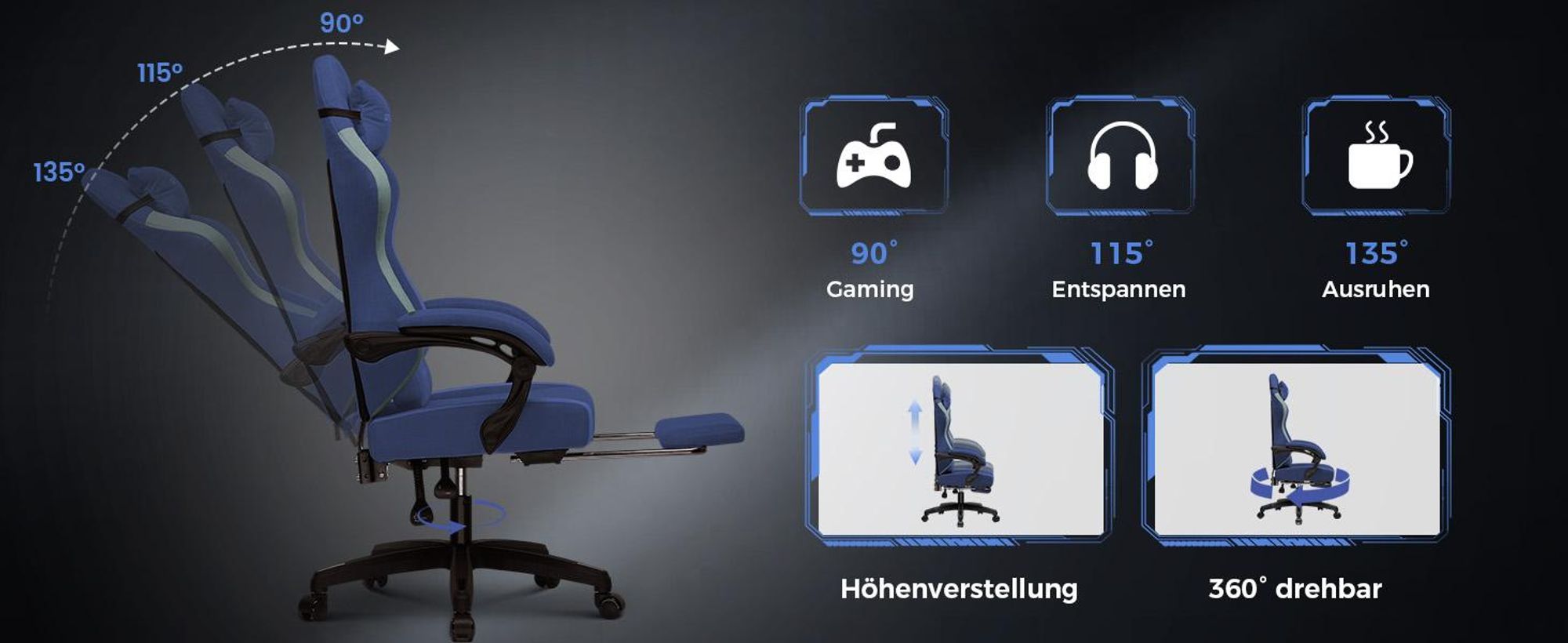 GTPLAYER Gaming Stuhl Ergonomischer Gaming Sessel Schreibtischstuhl PC Gamer Racing Stuhl mit Stoffoberfläche, Federsitzkissen, Verbindungsarmlehnen, mit Fußstütze bis 153 kg belastbar