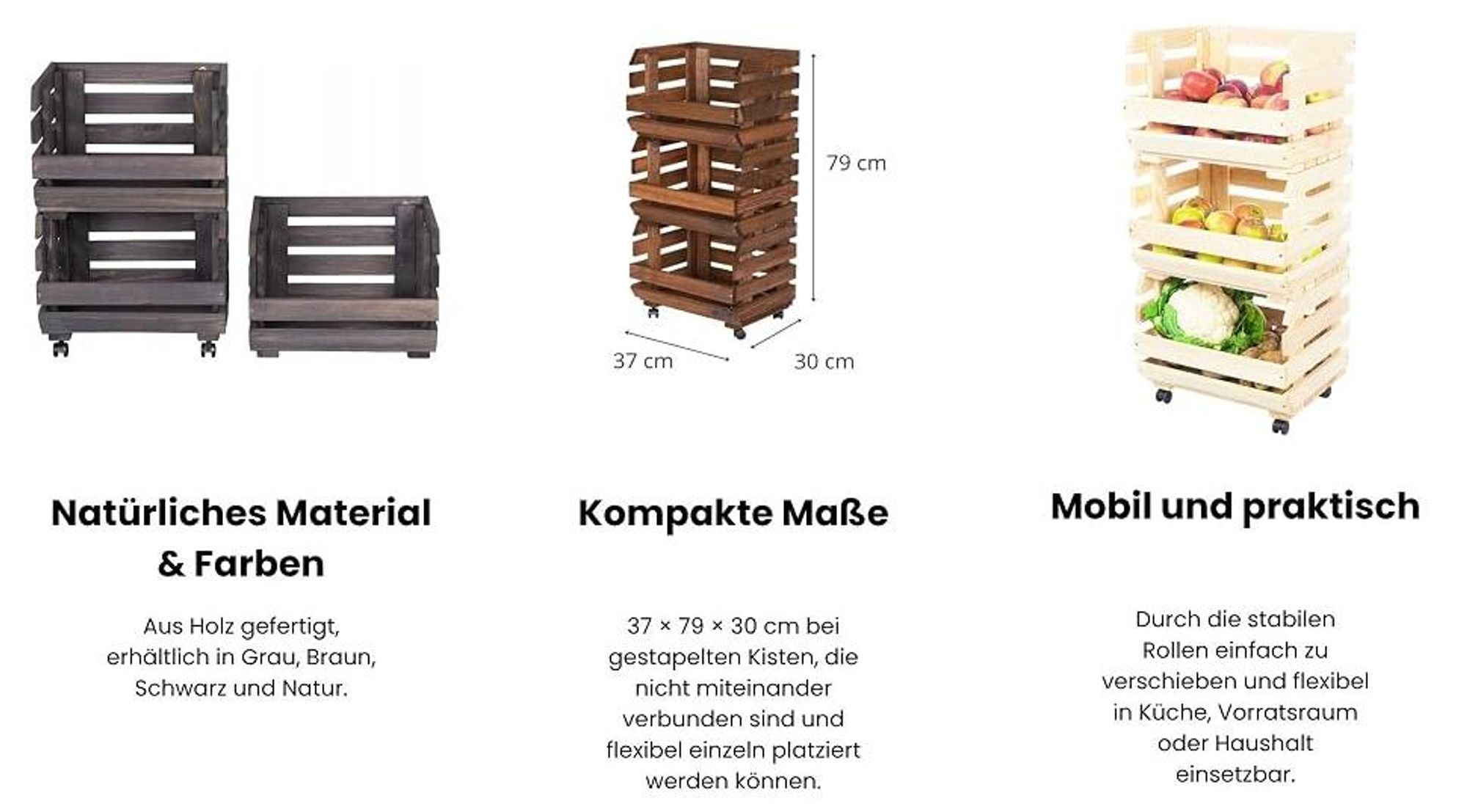 STOLMAK Schwarz Obstkiste aus Holz mit Rollen – 3 Etagen – 37x79x30 cm – Aufbewahrung für Obst & Gemüse – Stapelbar – Holzkiste Regal mit Körben