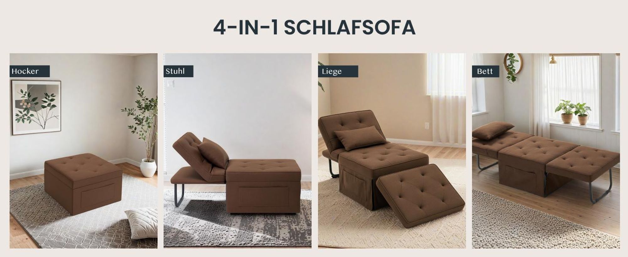 FLEXISPOT 4-in-1 Schlafsofa Klappbett Einzelsofa mit klappbarem Hocker, Kissen & 6-fach verstellbarer Rückenlehne, Schlafsessel für Gästezimmer Khaki