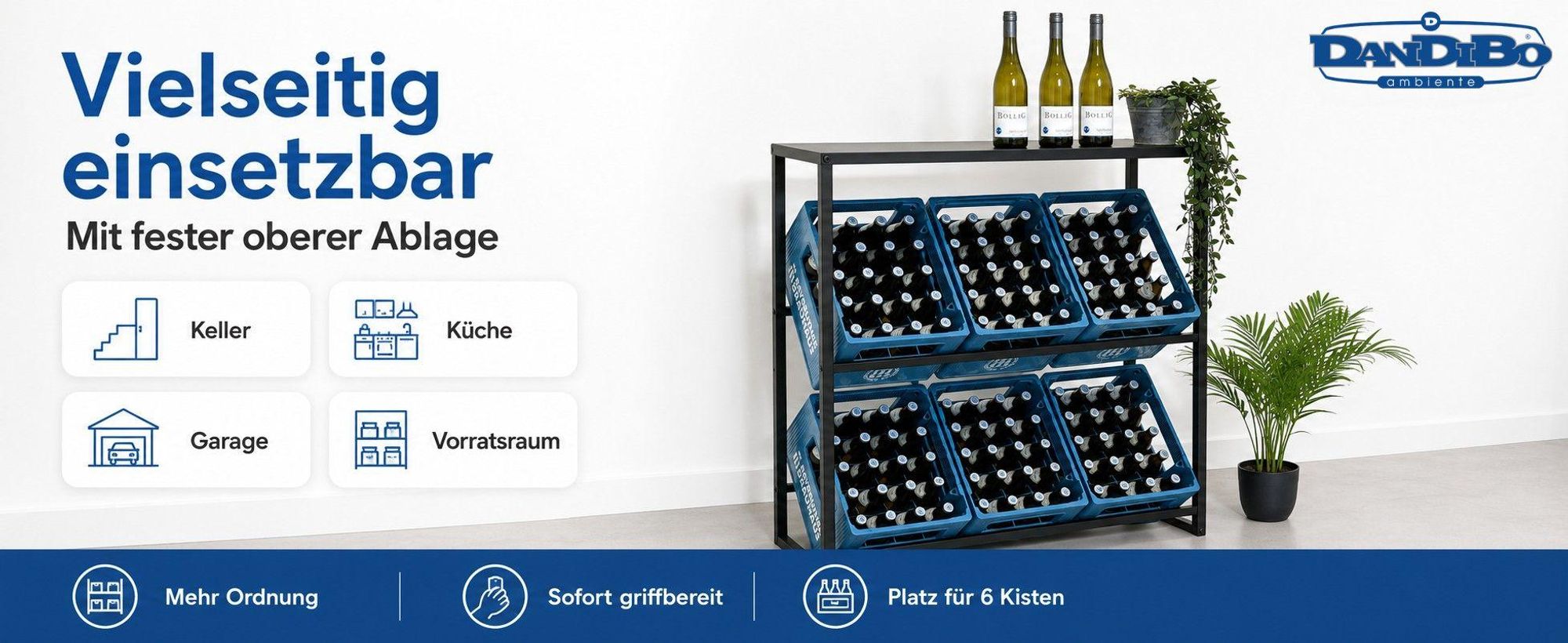 DanDiBo Getränkekistenregal 6 Kisten mit Ablage Metall Stabil 96435 Getränkekistenhalter 100 cm Getränkekistenständer