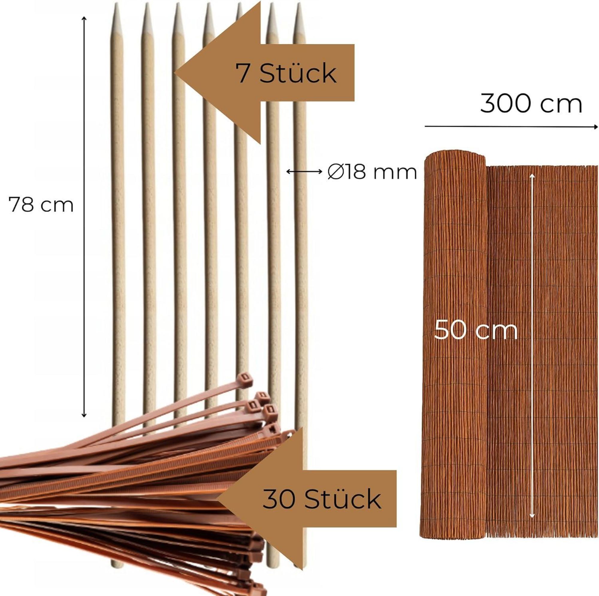 Set Weidenmatte 60x300 cm und 7 Stück Holzpfähle ⌀18 mm Länge 78 cm und 30 Stück Kabelbinder Weidezaun Zaunpfosten Holzpfosten Sichtschutz Garten