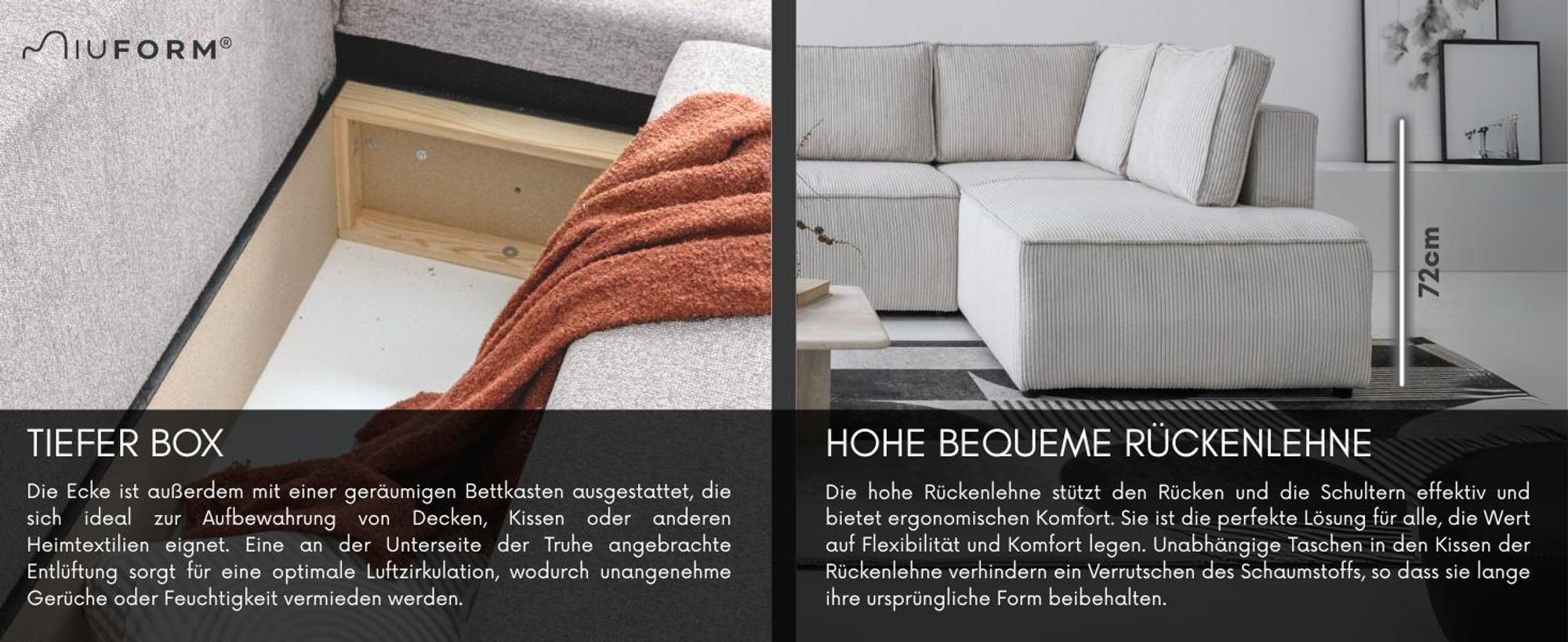 MIUFORM Brave Dave - Ecksofa mit Bettfunktion und Bettkasten U-FORM RECHTS - 322x194cm - Flaschengrün - Sofa Schlafsofa Couch