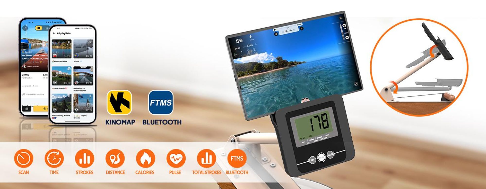 VOWVIT Wasserrudergerät klappbar, Bluetooth-Display, immersiv, 98% vormontiert, 160 kg