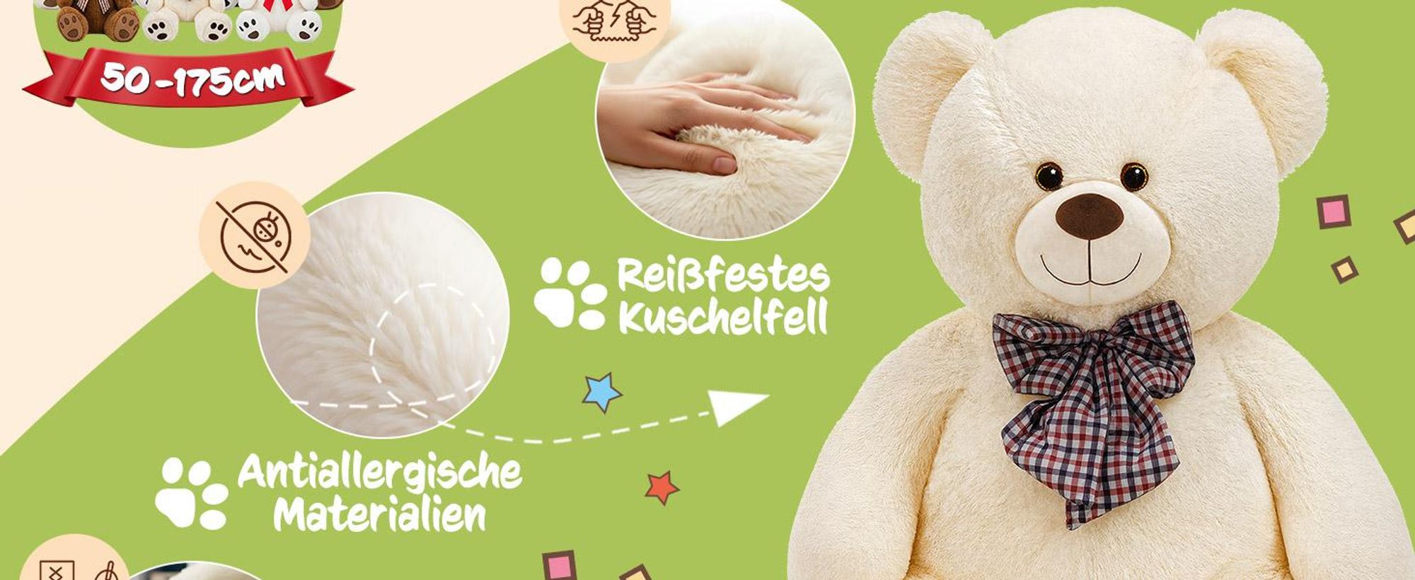 Monzana Teddybär L 50 cm Weiß, weiches Kuscheltier aus Plüsch