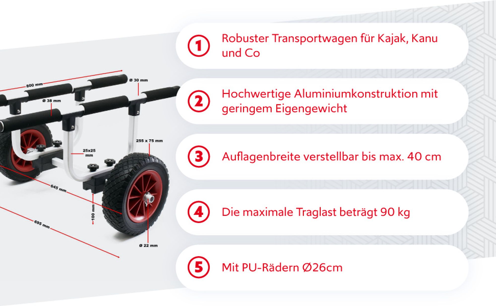 Wiltec verstellbarer Alu Kanuwagen bis 90 kg, Transportwagen für Boote, Kanus und Kajaks, SUP-Trolley mit Polstern, ⌀22 cm große PolyurethanRäder & Gurtbändern, SUP-Wagen mit verstellbarer Auflagebreite
