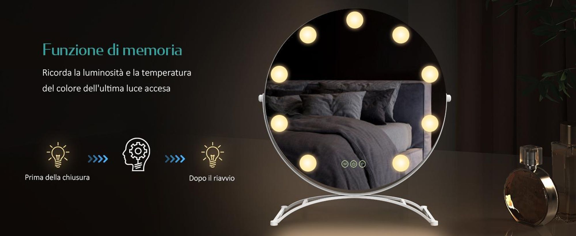 Specchio cosmetico EMKE Hollywood 58X50cm Specchio da trucco rotondo con illuminazione a LED e ingrandimento 7x, 3 colori di luce dimmerabili, bianco
