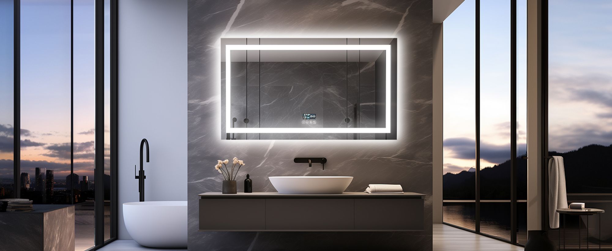 WISFOR LED Badspiegel mit Bluetooth Lautsprecher, 100×60cm Badezimmerspiegel mit Beleuchtung 3 Lichtfarbe, LED Wandspiegel dimmbar beschlagfrei